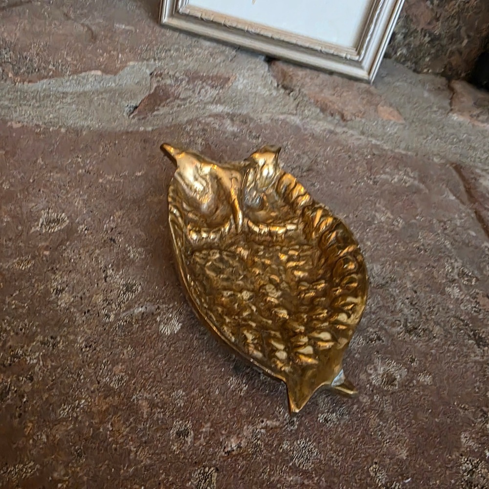 Vintage Solid Brass Owl Trinket Dish Heavy Mid Century Modern Catchall Tray 5.5"